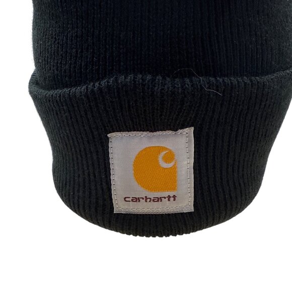 Carhartt Black Knit Cuffed Beanie Hat With Embroidered Logos - New - Picture 4 of 10